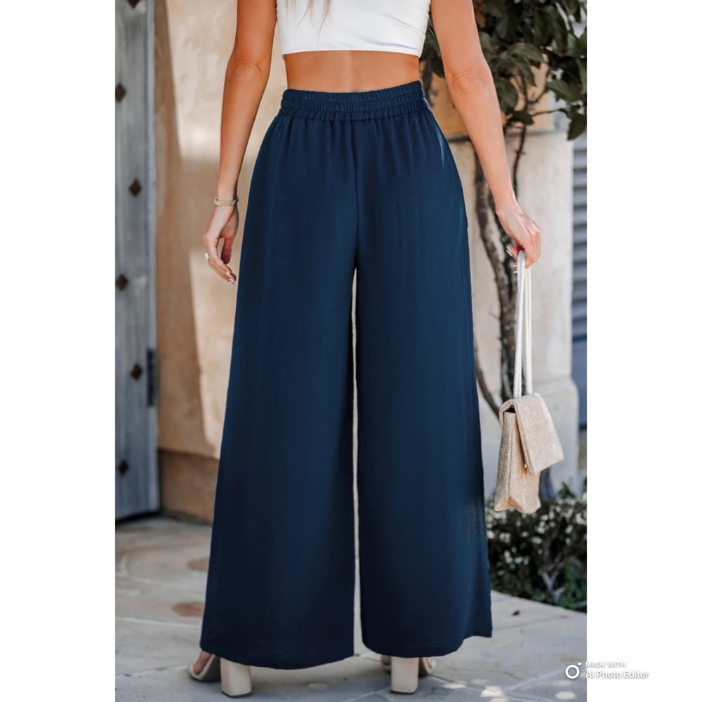 Cupshe Navy Blue Wide Leg Pull-On Sailor Pants Size Medium NWT Beach Vacation - Picture 7 of 16